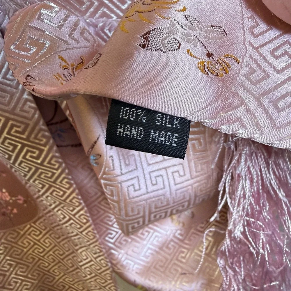 Handmade 100% Silk Floral Fringe Rectangle Scarf Pink/Gold 72x23 Women